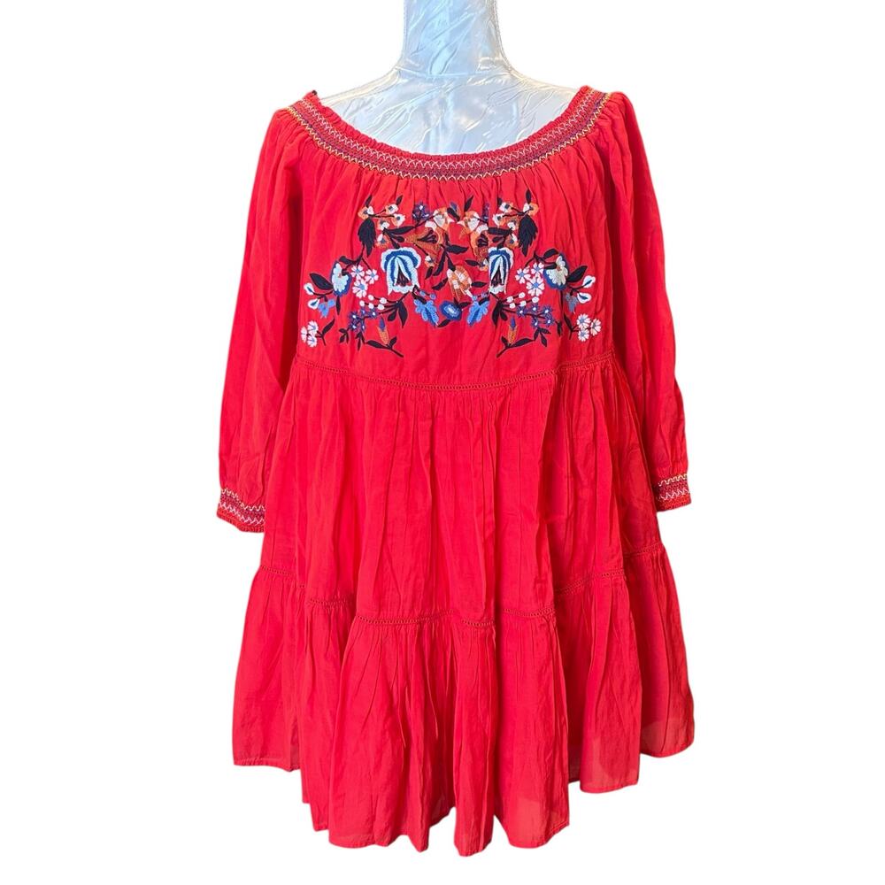 Free People Red Tiered Mini Dress Womens Sz Medium Sunbeams Embroidered Boho - Picture 2 of 16